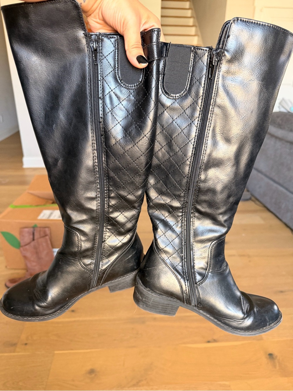 Black Leather Full Zip Knee-High Boots